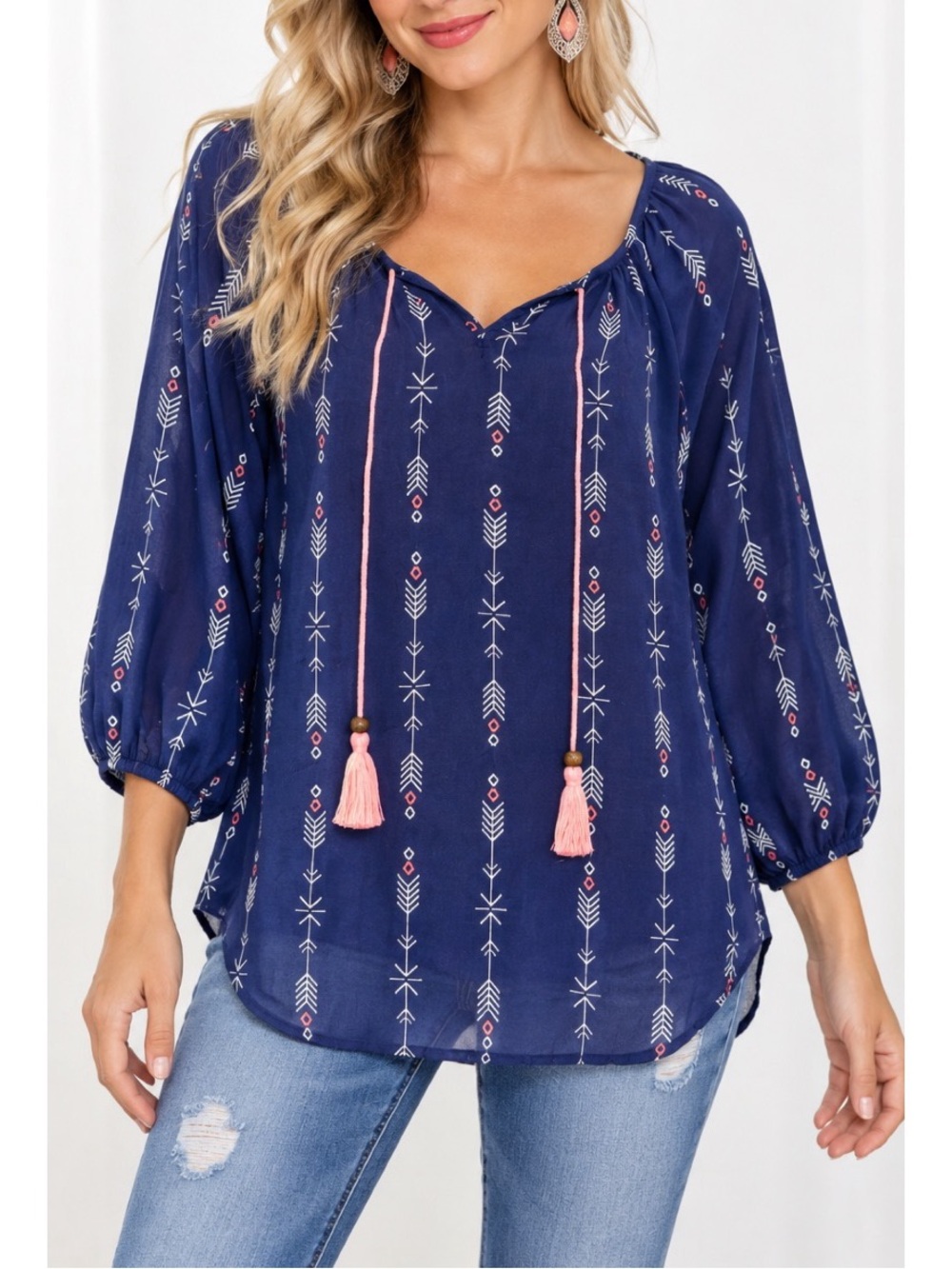 Jolt navy blue boho blouse features a delicate white arrow and geometric pattern